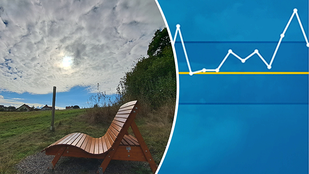 20241130_teaser2-herbst Sitzbank auf einem Feld nahe Wohngebiet, Schäfchenwolken überziehen den Himmel