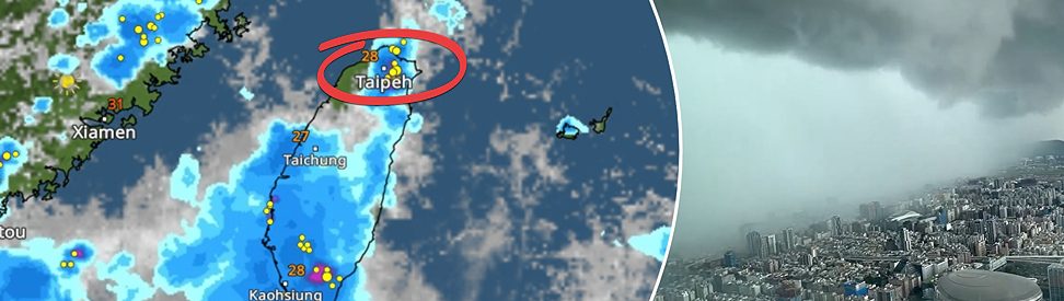 Geteiltes Bild: links Radarbild mit starken Regenzellen rund um die Stadt. - rechts Gewitterfront mit dunklen Wolken über Taipeh, rechts (c) @MOSCOW_EN via X