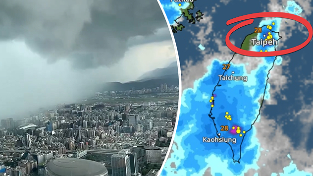 Geteiltes Bild: Links Gewitterfront mit dunklen Wolken über Taipeh, rechts Radarbild mit starken Regenzellen rund um die Stadt.