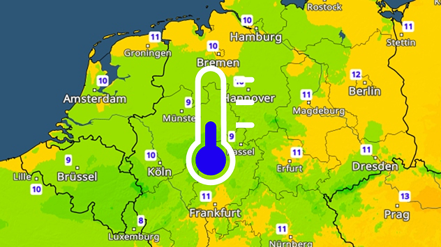 Wetterkarte mit Temperaturwerten in Deutschland, Schwerpunkt liegt auf dem Nordwesten. Ein Thermometer-Symbol deutet auf kühlere Temperaturen hin.