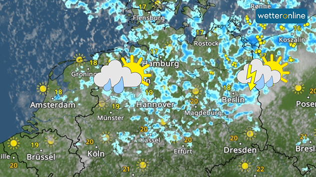 Wetterkarte von der Nordhälfte Deutschlands: Viele Regenschauer, im äußersten Nordosten auch Gewitter