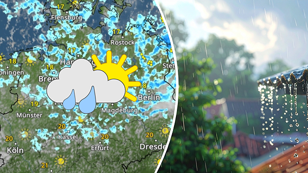Geteiltes Bild mit einer Wetterkarte Deutschlands, die verbreitete Schauer und sonnige Abschnitte zeigt, sowie einer Aufnahme von Regentropfen, die im Sonnenlicht von einem Dachrand fallen.