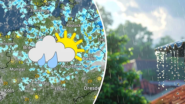 Geteiltes Bild mit einer Wetterkarte Deutschlands, die verbreitete Schauer und sonnige Abschnitte zeigt, sowie einer Aufnahme von Regentropfen, die im Sonnenlicht von einem Dachrand fallen.
