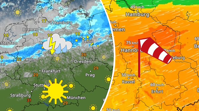 WetterRadar mit Sonne und Gewittern sowie WindRadar mit kräftigem Wind über Deutschland.