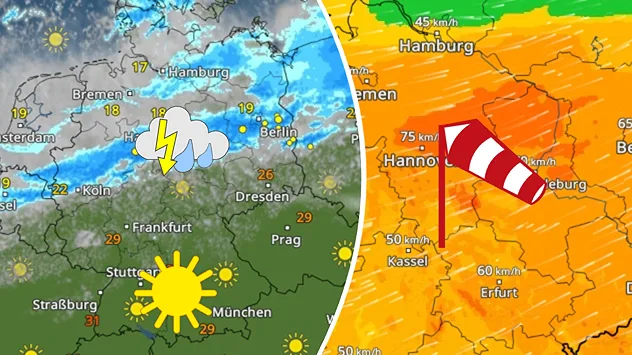 WetterRadar mit Sonne und Gewittern sowie WindRadar mit kräftigem Wind über Deutschland.