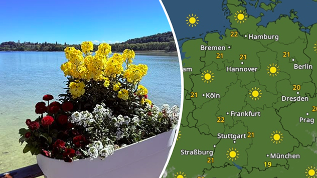 Blumenkasten mit gelben und roten Blüten am See. Ruhige Landschaft im Hintergrund. Wetterkarte zeigt verbreitet sonniges Wetter in Deutschland.