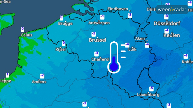 De TemperatuurRadar kleurt dit weekend blauw (vorst) met 0 tot -6 graden. Een blauw thermometersymbool is ingetekend.