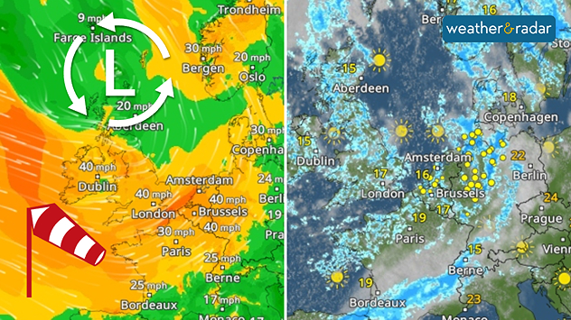 A split-screen display showing WindRadar and WetterRadar for Europe. A low-pressure system over the Atlantic is affecting the weather, bringing wind, clouds and isolated showers.