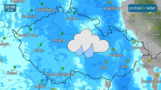 Meteoradar, screenshot, 22. 10. 2:00:  Mezi středečním odpolednem a čtvrtečním dopolednem by měl celou naší republikou od západu projít tolik potřebný déšť.