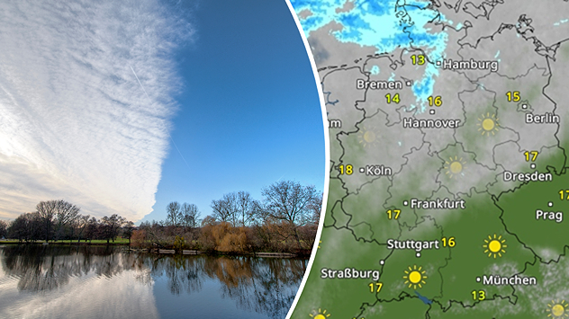 Links: Ein zweigeteilter Himmel. Rechts: Das WetterRadar für Dienstagnachmittag.