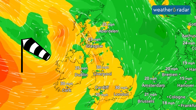 Wind map showing moderate gusts across Ireland and the UK.