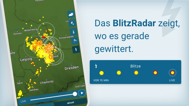 Das BlitzRadar zeigt, wo es gerade gewittert