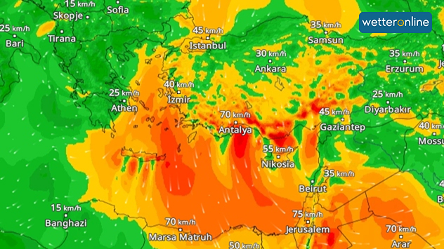 WindRadar: Stürmische Nordwinde im östlichen Mittelmeerraum