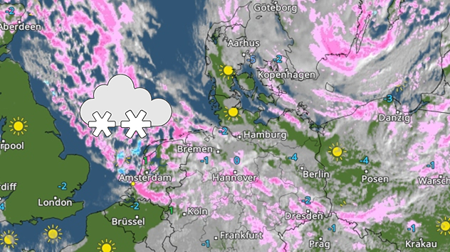 Wetterkarte mit Schneefront über Norddeutschland und angrenzenden Regionen. Großflächige winterliche Niederschläge sind markiert.