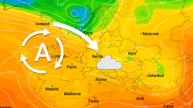 Vremenska karta koja prikazuje visoki tlak nad zapadnom Europom i oblake nad srednjom Europom.