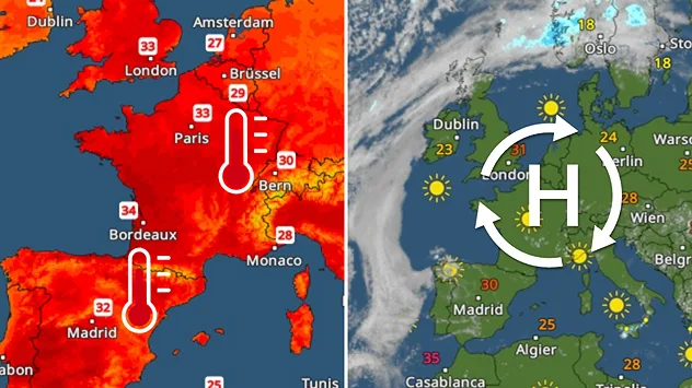 Links das TemperaturRadar, das für Westeuropa Hitze zeigt. Rechts das WetterRadar mit eingezeichnetem Hochdruckgebiet.