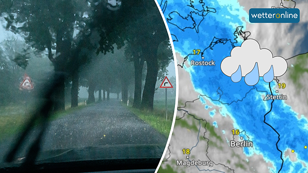 Links: Straße im Starkregen, schlechte Sicht. Rechts: Wetterkarte mit Regen von der Ostsee bis östlich von Berlin