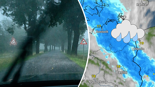 Links: Straße im Starkregen, schlechte Sicht. Rechts: Wetterkarte mit Regen von der Ostsee bis östlich von Berlin
