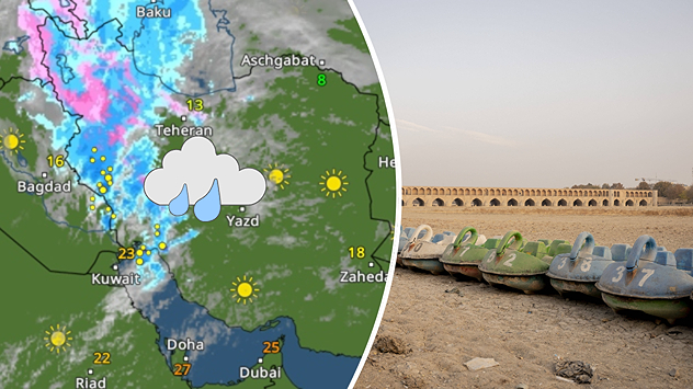 El radar meteorológico de Irán muestra lluvia (izquierda) y el lecho seco de un río en Irán (derecha)