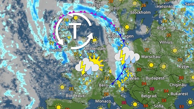 WetterRadar zeigt am Montag Tiefdruckwirbel über Westeuropa
