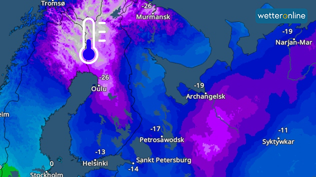 Das TemperaturRadar zeigt in Skandinavien und Lappland Werte unter minus 25 Grad an.