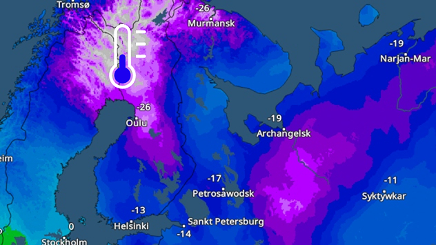 Das TemperaturRadar zeigt in Skandinavien und Lappland Werte unter minus 25 Grad an.