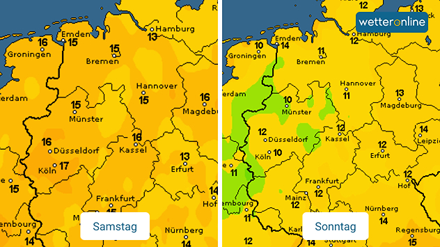 Zweiteilige Karte: Links am Samstag hohe Taupunkte (15–17 °C) in Westdeutschland, rechts am Sonntag deutlich gesunken auf 10–12 °C, besonders in NRW und Niedersachsen.