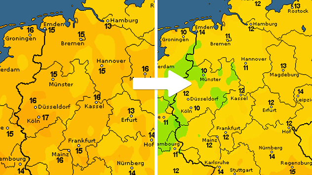 Zweiteilige Karte mit Taupunkten: Links hohe Feuchtewerte (15–17 °C), rechts deutlich trockenere Luft (10–12 °C) in NRW und angrenzenden Regionen.