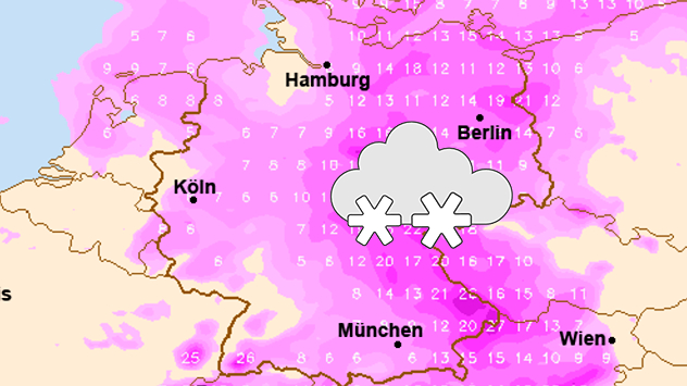 Die Karte zeigt berechnete Neuschneemengen in Deutschland. Im Osten und Südosten werden 10 bis 20 Zentimeter berechnet.