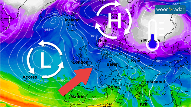 De weerkaart voor midden volgende week toont een omvangrijk lagedrukgebied op de oceaan, die zachte lucht onze kans opstuurt. Winterse kou blijft echter dichtbij en houdt stug vol.