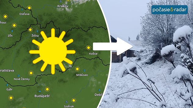 Rozdelený obrázok. Vľavo snímka meteoradru so zobrazením slnečného počasia. Z neho smeruje šápka smerom doprava na obrázo zasneženej prírody.