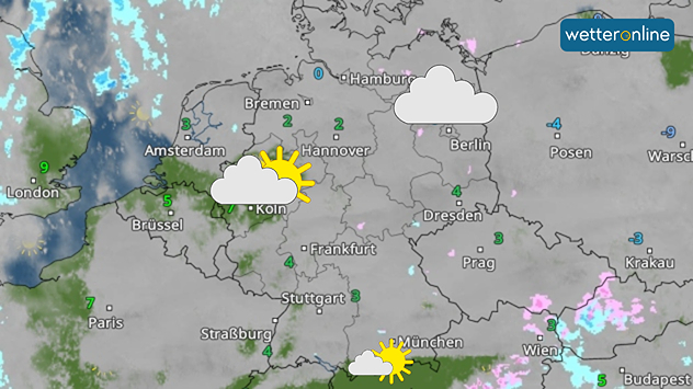 Synoptische Wetterkarte von Deutschland mit Wolken, Regenfeldern und Temperaturangaben.