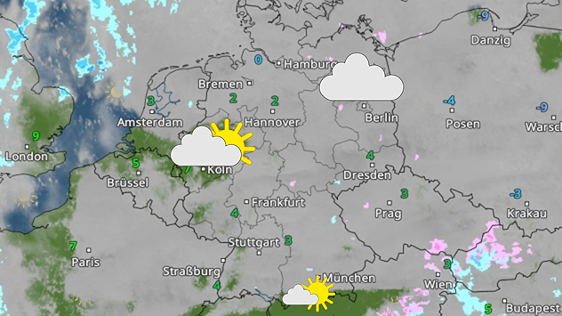 Synoptische Wetterkarte von Deutschland mit Wolken, Regenfeldern und Temperaturangaben.