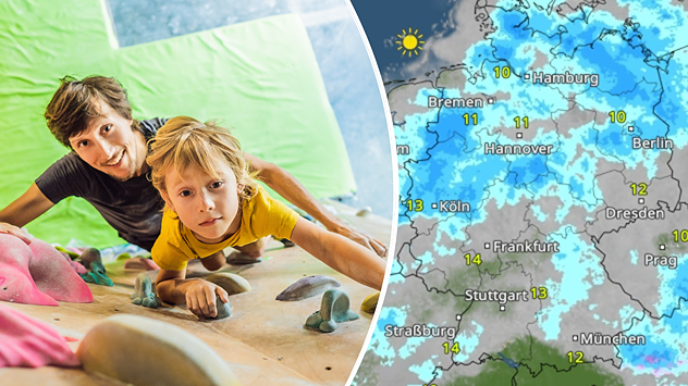 Links: Vatter und Sohn in einer Kletterhallte. Rechts: Das WetterRadar für Sonntag.