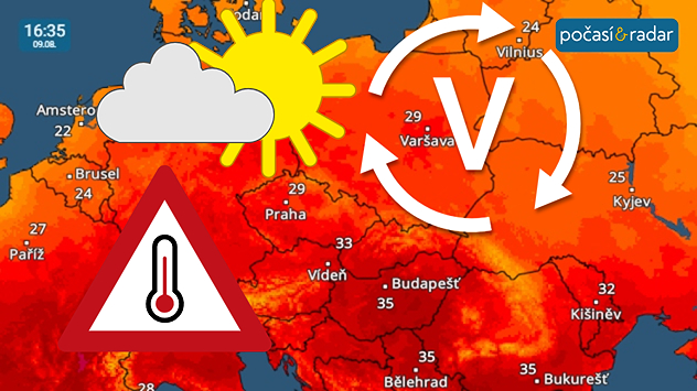 Screenshot, Teplotní radar, sobota 9. srpna 16:35: Do Česka v sobotu proudí velmi teplý vzduch od jihu až jihozápadu po zadní straně tlakové výše se středem nad východní Evropou.
