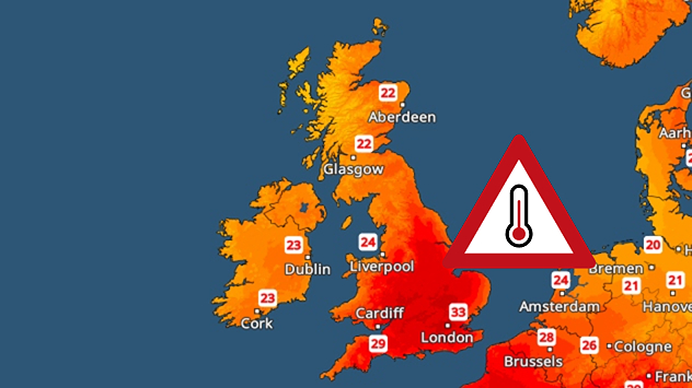 Temperature map of the UK and western Europe showing hot conditions across Britain, with temperatures reaching 33°C near London, 29°C around Cardiff, 24°C near Liverpool, and a large heat warning symbol highlighting elevated heat risk.