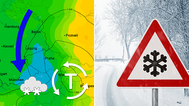 Ein Tief zapft kalte Luft aus Norden an, die anschließend gegen die Alpen "gepresst" wird.