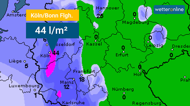 Farbkarte der Regenmengen bis Mittwochmittag