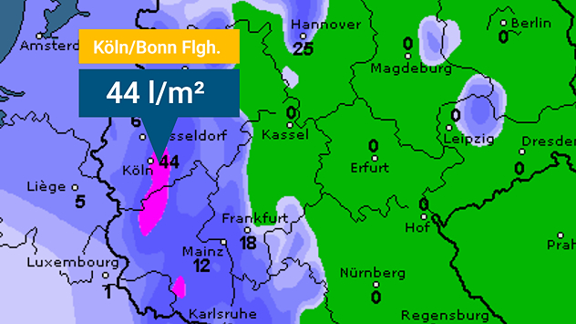 Farbkarte der Regenmengen bis Mittwochmittag