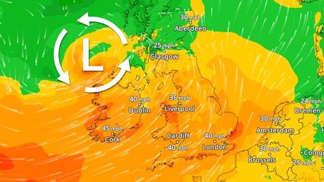 Wind forecast map of the UK and Ireland showing a low-pressure system west of Ireland, widespread orange wind zones, airflow streamlines, and gusts reaching 45 mph in parts of Ireland and southern Britain.