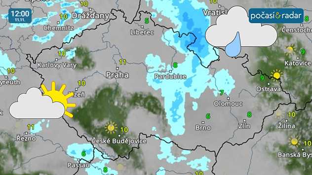 Meteoradar, screenshot, 11. 11., 12:00: V úterý bude přes Česko přecházet nevýrazná fronta, která místy přinese slabý déšť.