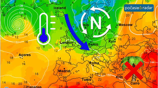 Synoptická mapa s teplotu vo výške 1500 m n. m.