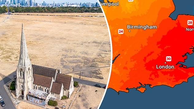 Split image showing an aerial view of drought-stricken parkland with dry yellow-brown grass surrounding a church on the left, and a temperature map of England and Wales on the right with temperatures reaching 30°C in southeast England.