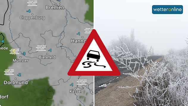 WetterRadar für Nordwestdeutschland mit Temperaturen um den Gefrierpunkt neben vereister Landschaft. Verkehrswarnschild weist auf Glättegefahr hin.