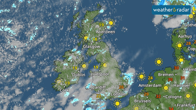 Satellite weather map of the UK and western Europe showing largely sunny conditions across Britain and Ireland, with scattered light showers, patchy cloud, and temperatures ranging from 18°C to 26°C.