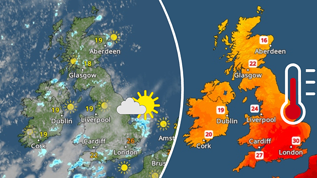 Split weather graphic showing mostly sunny conditions across the UK with scattered cloud and isolated showers on the left, and a temperature map on the right showing hot weather with temperatures reaching 30°C near London and a thermometer icon.