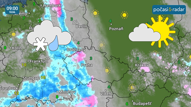 Meteoradar, screenshot, 10. dubna 9:00: V pátek ovlivní počasí v Čechách přechod slabé okluzní fronty.