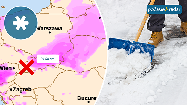 Vľavo mapa snehovej pokrývky a symbol snehu a vyznačená oblasť, kde nebude snežiť a predpokladaná výška nového snehu. Vpravo muž odhŕňa sneh na chodníku.