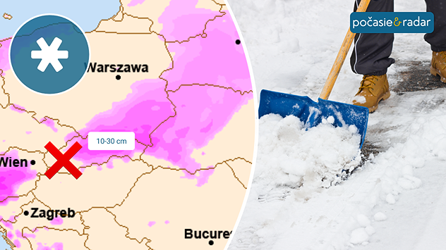 Vľavo mapa snehovej pokrývky a symbol snehu a vyznačená oblasť, kde nebude snežiť a predpokladaná výška nového snehu. Vpravo muž odhŕňa sneh na chodníku.