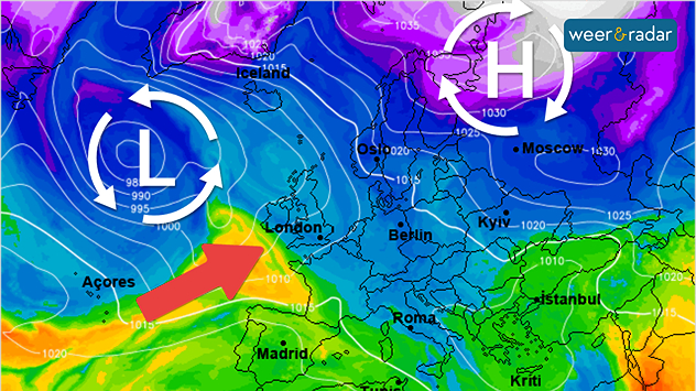 De weerkaart voor eind van de week toont een omvangrijk lagedrukgebied op de Atlantische Oceaan, dat zachte lucht naar West-Europa voert. Winterkou is ver weg boven Noordwest-Rusland.